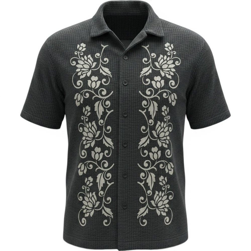 Rustic Souls Mens XL Black Floral Embroidered Ribbed Camp Shirt Button Down NYC